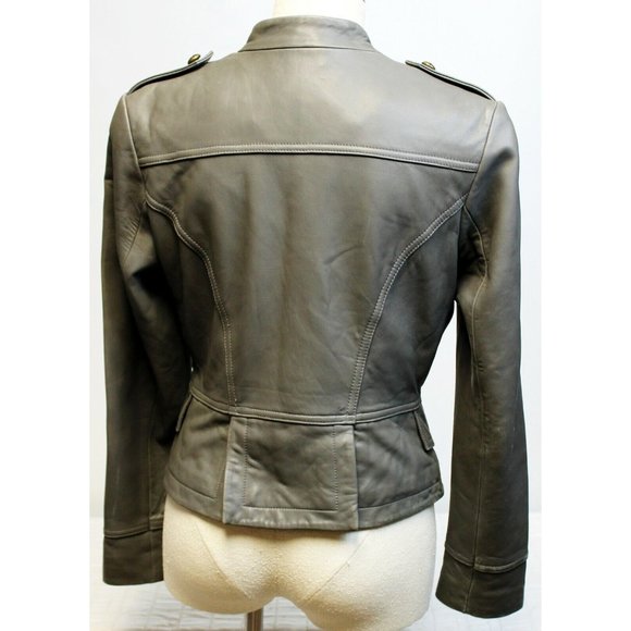Michaela Fur Gray Leather Zip Band Jacket Military Style Buttons Women's Sz M - Picture 4 of 11